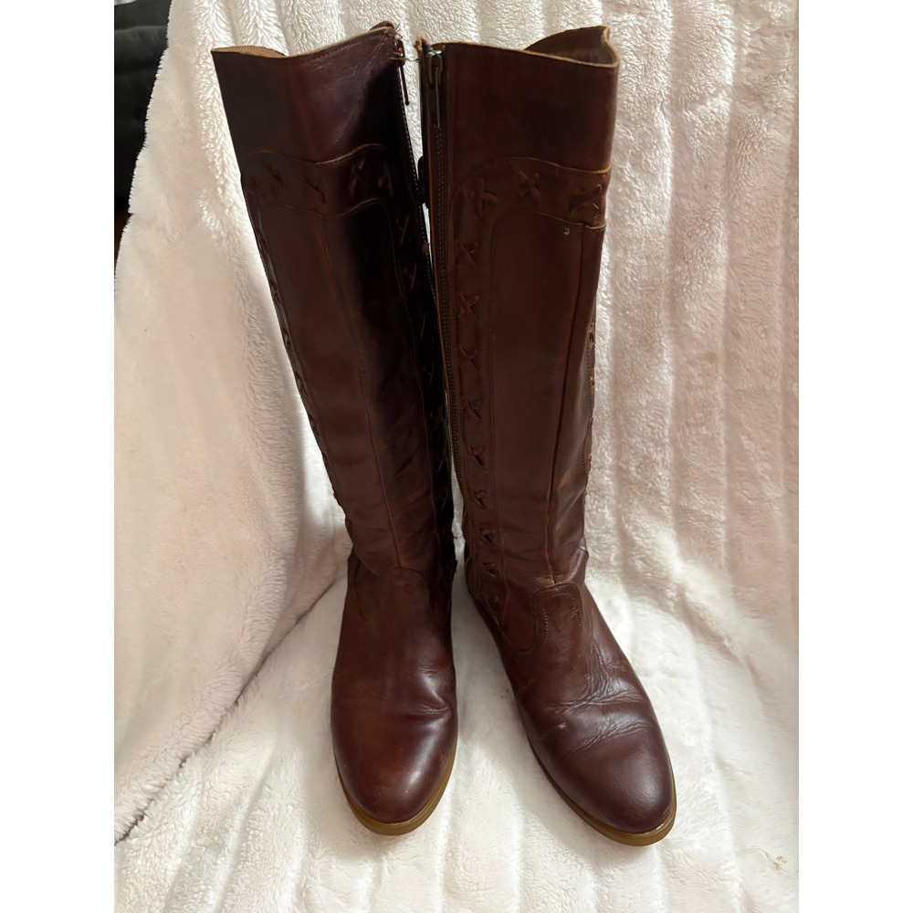 Born Brown Leather Tall Riding Boots Cross Stitch Detail MW F73503 Size 7.5 38
